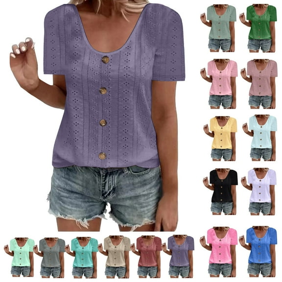 Women Tops Ndbuld Womens Fashion Summer Short Sleeve Round-Neck Solid Casaul Tops T-shirt .00 Purple L