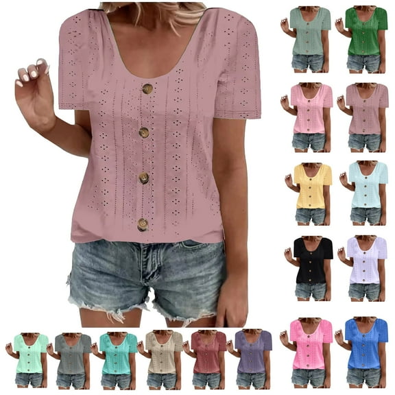 Women Tops Ndbuld Womens Fashion Summer Short Sleeve Round-Neck Solid Casaul Tops T-shirt .00 Rose Gold L