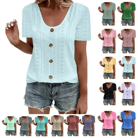 Women Tops Ndbuld Womens Fashion Summer Short Sleeve Round-Neck Solid Casaul Tops T-shirt .00 Sky Blue L