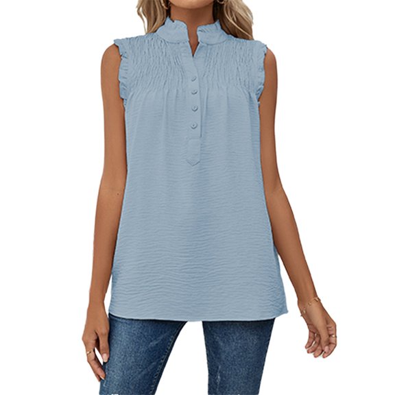 Women Tops Sleeveless Button Down Neckline Blouses Ruffled Chest Pleated Front Vest Casual Basic Shirts Top Blue L