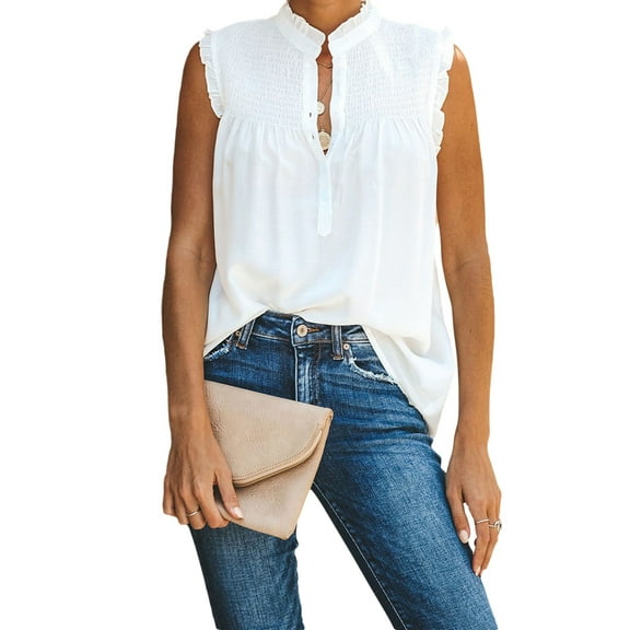 Mawalde Women Tops Sleeveless Button Down Neckline Blouses Ruffled Chest Pleated Front Vest Casual Basic Shirts Top White L