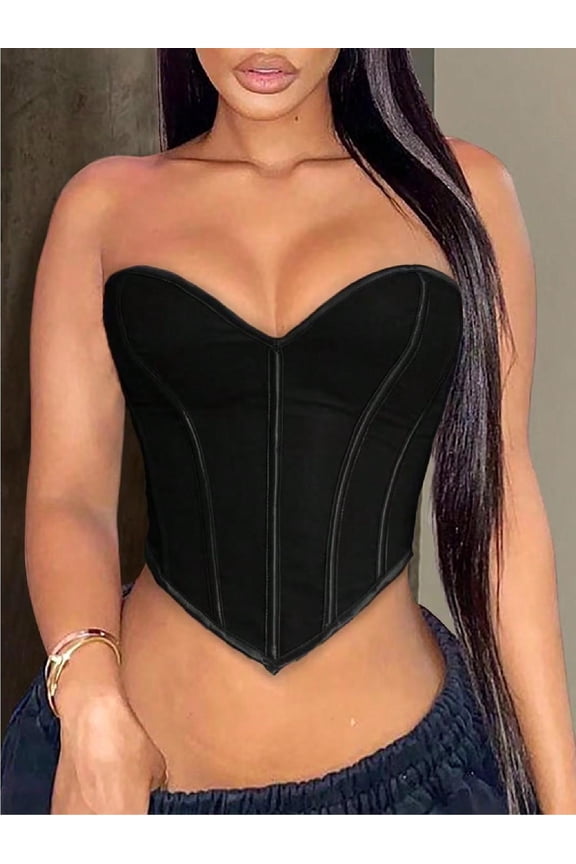 Women Tops, Sleeveless Strapless Colorblock Crop Hanky Hem Lace-Up Back Overbust Corset Edgy Sexy Festival Ready