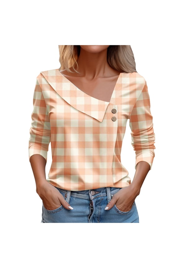 Women Tops Spring Summer 2024 Long Sleeve V Neck Loose Shirts Plaid Print Asymmetric Button Blouses Business Casual Tunic