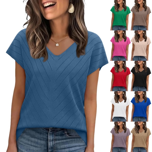 Women Tops Spring Vacation Summer Sweaters Short Sleeve Shirts 2026 Fashion Dressy Casual Business V Neck Blouses Brown S
