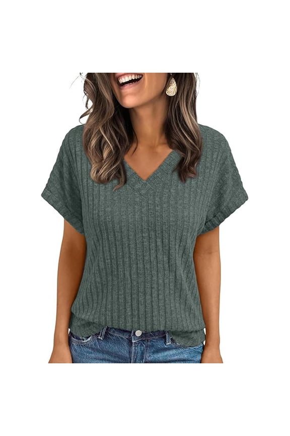 Women Tops Spring Vacation Summer Sweaters Short Sleeve Shirts Fashion Casual Business V Neck Blouses