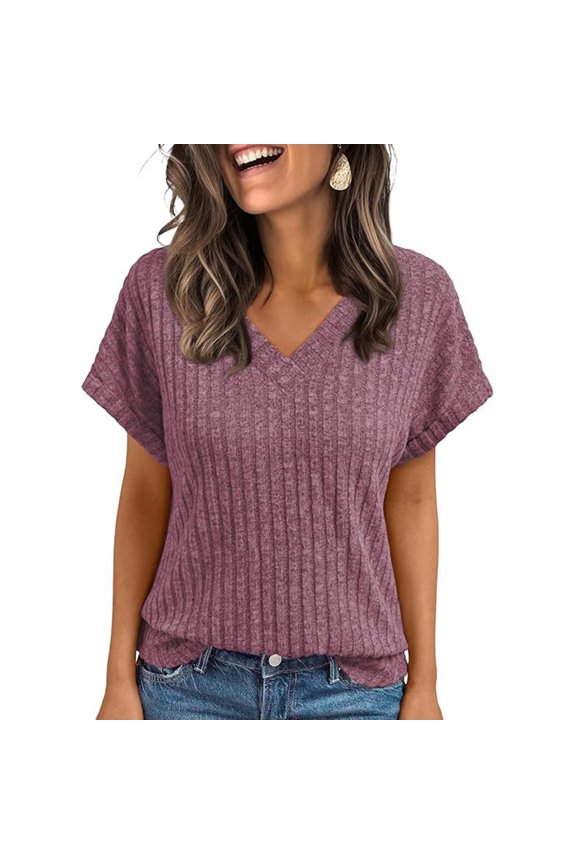 Women Tops Spring Vacation Summer Sweaters Short Sleeve Shirts Fashion Casual Business V Neck Blouses