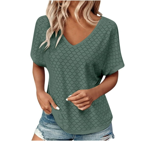 Women Tops Summer 2024 Casual Short Sleeve T Shirts Loose Soft V Neck Solid Color Basic Tunics Blouse Lightweight Breathable Ladies Going Out Tops Daily Wear Tees Work Blouses