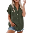 thumbnail image 1 of Women Tops Summer Blouses Solid Color Lapel Breasted Double Pocket Short Sleeved Shirt Top Short Sleeved V-neck Top/shirt Army Green, 1 of 9
