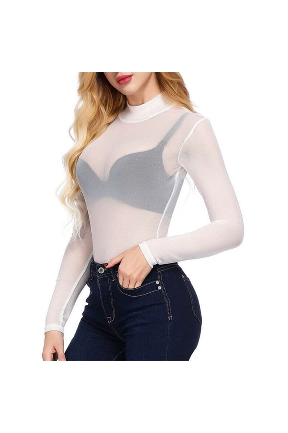 Women Tops Summer Long Sleeve High Neck Arm Sheer Mesh Yoke Blouse Shirt Casual Dressy Tshirts S-3XL