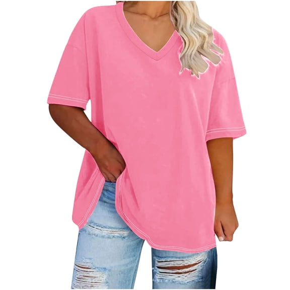 Women Tops Summer Plus Size Loose V-Neck Short Sleeve Shirts Blouse Size S-5XL