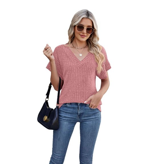 Women Tops Summer Sweaters Short Sleeve V Neck Shirts 2025 Spring Fashion Dressy Casual Business Tunic Blouses Pink XXL