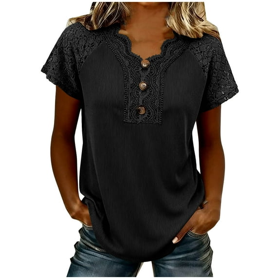Women Tops Summer T-Shirts Short Sleeve Casual Solid Color Button Pleated V Neck Blouses Shirts