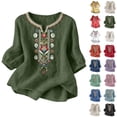 thumbnail image 1 of Women Tops Trendy Sawvnm Embroidered Tops For Women 3/4 Sleeve Boho Linen Shirts Plus Size V Neck Tunic Peasant Clothes Army Green L, 1 of 8