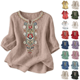 thumbnail image 1 of Women Tops Trendy Sawvnm Embroidered Tops For Women 3/4 Sleeve Boho Linen Shirts Plus Size V Neck Tunic Peasant Clothes Khaki L, 1 of 8