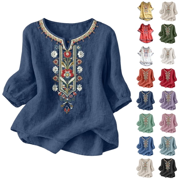 Women Tops Trendy Sawvnm Embroidered Tops For Women 3/4 Sleeve Boho Linen Shirts Plus Size V Neck Tunic Peasant Clothes Navy L