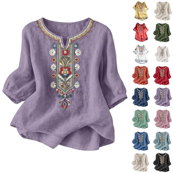 Women Tops Trendy Sawvnm Embroidered Tops For Women 3/4 Sleeve Boho Linen Shirts Plus Size V Neck Tunic Peasant Clothes Purple L