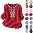 thumbnail image 1 of Women Tops Trendy Sawvnm Embroidered Tops For Women 3/4 Sleeve Boho Linen Shirts Plus Size V Neck Tunic Peasant Clothes Red L, 1 of 8