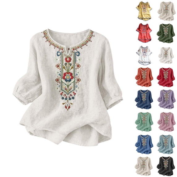 Women Tops Trendy Sawvnm Embroidered Tops For Women 3/4 Sleeve Boho Linen Shirts Plus Size V Neck Tunic Peasant Clothes White L