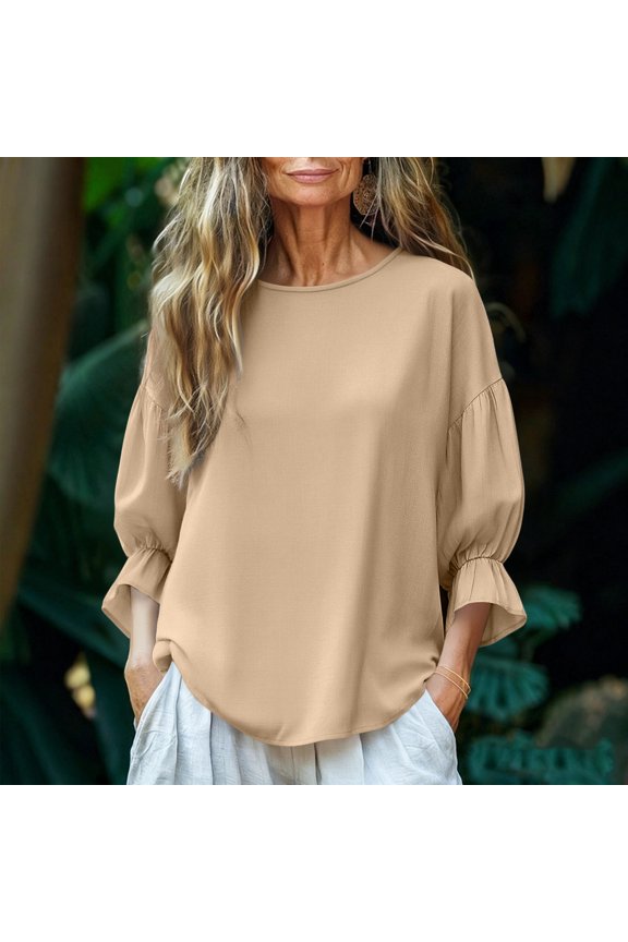Women Tops Trendy Solid Color Round Neck Cropped Sleeve Loose Pullover Top And Womens Plus Size Tops Casual Flared Trumpet Cuff Blouse T-Shirts For Women Fall Fashion