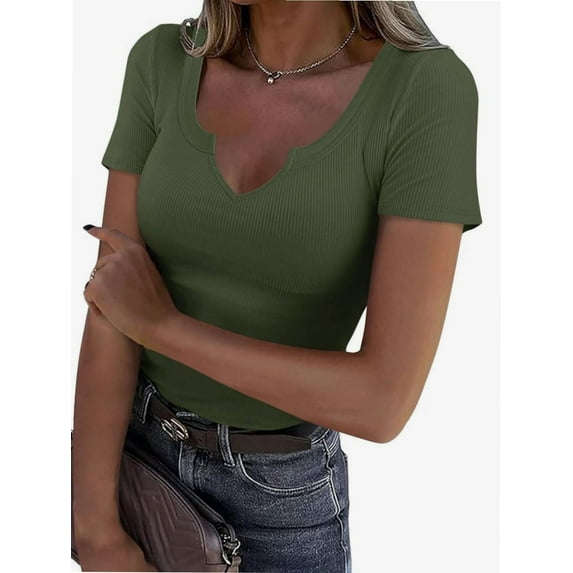 Women Tops V Neck Shirts Short Sleeve Casual Ribbed Slim Fitted T Shirts for Summer