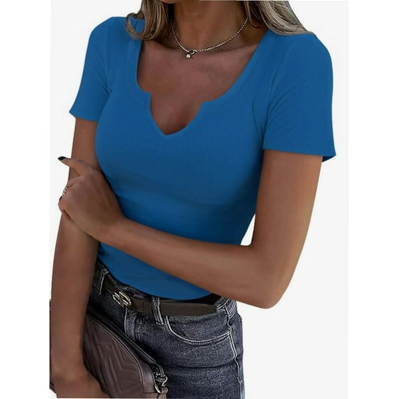 Women Tops V Neck Shirts Short Sleeve Casual Ribbed Slim Fitted T Shirts for Summer