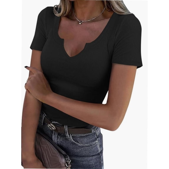 Women Tops V Neck Shirts Short Sleeve Casual Ribbed Slim Fitted T Shirts for Summer
