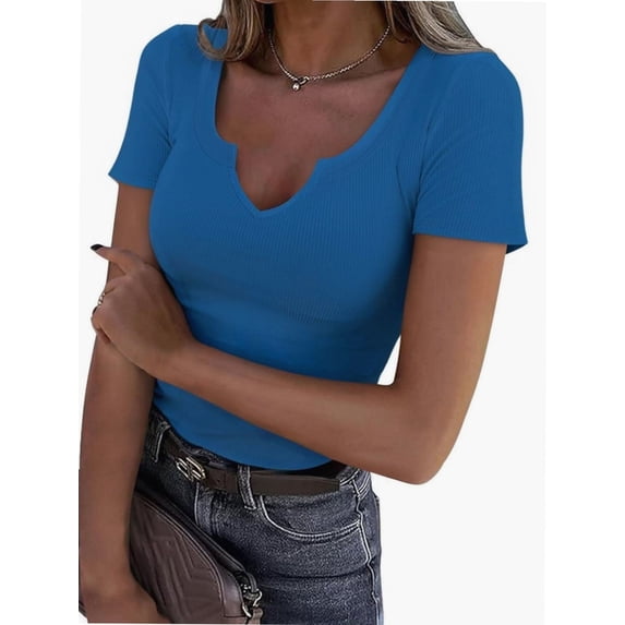 Women Tops V Neck Shirts Short Sleeve Casual Ribbed Slim Fitted T Shirts for Summer