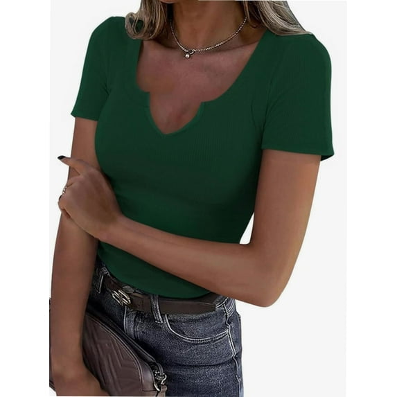 Women Tops V Neck Shirts Short Sleeve Casual Ribbed Slim Fitted T Shirts for Summer
