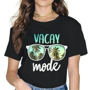 STRAVEL Women Tops Vacay Mode Beach T-Shirt Vacation Summer Cruise Graphics Casual Short Sleeve Crew Neck Shirts Gift Tee Black X-Large