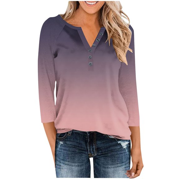 Women Tops, Women's 3/4 Sleeve Henley Shirts Dressy Casual Gradient Tunic Tops Button Up V Neck Loose Pullover Raglan Blouse