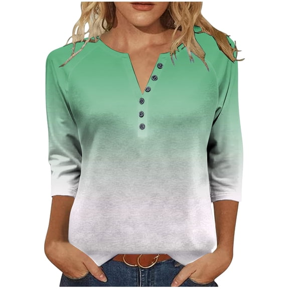 Women Tops, Women's 3/4 Sleeve Henley Shirts Dressy Casual Gradient Tunic Tops Button Up V Neck Loose Pullover Raglan Blouse
