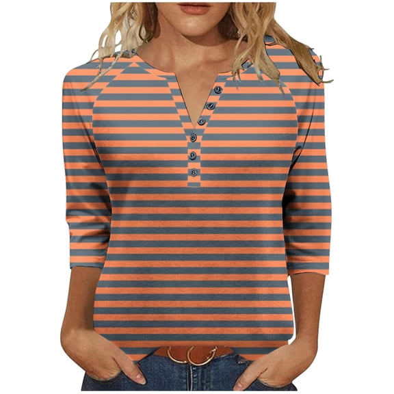 Women Tops, Women's 3/4 Sleeve Raglan Henley Shirts Dressy Casual Striped Tunic Tops Button Up V Neck Loose Pullover Blouse