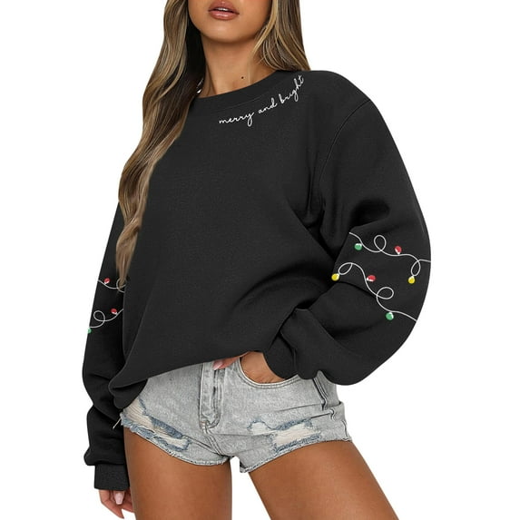 Women Tops Women's Long Sleeve Sweatshirt Casual Crewneck Loose Fit Pullover Fleece Tops, Christmas Print Design, Comfortable and Warm Apparel,Black,S
