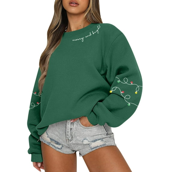 Women Tops Women's Long Sleeve Sweatshirt Casual Crewneck Loose Fit Pullover Fleece Tops, Christmas Print Design, Comfortable and Warm Apparel,Green,L