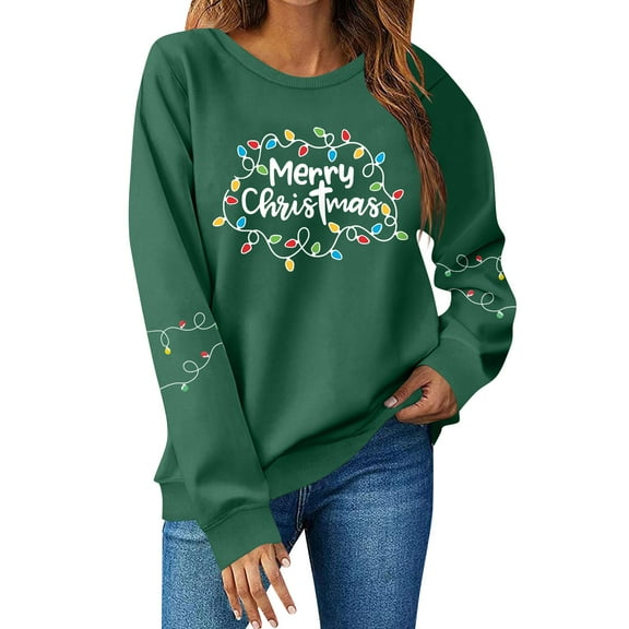 Women Tops Women's Long Sleeve Sweatshirt Casual Crewneck Loose Fit Pullover Fleece Tops, Christmas Print Design, Comfortable and Warm Apparel,Green,S