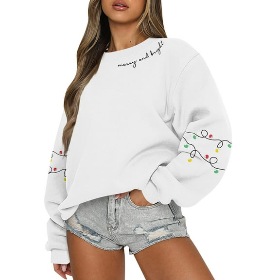 Women Tops Women's Long Sleeve Sweatshirt Casual Crewneck Loose Fit Pullover Fleece Tops, Christmas Print Design, Comfortable and Warm Apparel,White,S