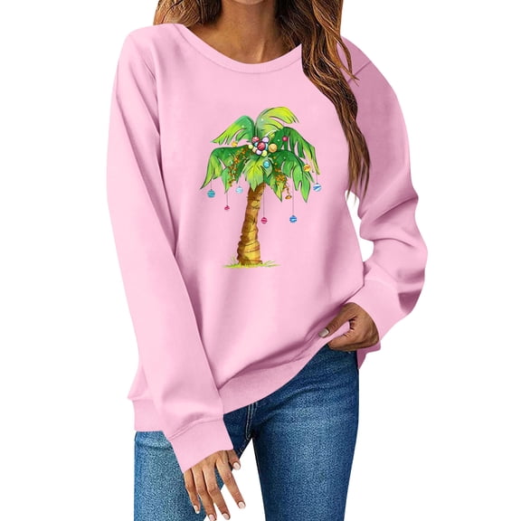 Women Tops Women's Long Sleeve Sweatshirt Casual Crewneck Loose Fit Pullover Fleece Tops, Christmas Print Design, Comfortable and Warm Apparel,Pink,S