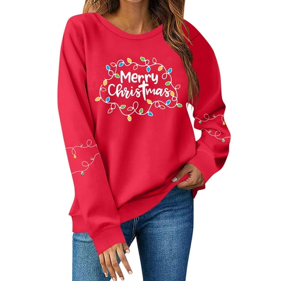 Women Tops Women's Long Sleeve Sweatshirt Casual Crewneck Loose Fit Pullover Fleece Tops, Christmas Print Design, Comfortable and Warm Apparel,Red,S