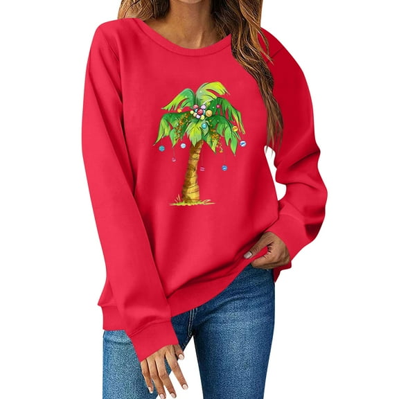 Women Tops Women's Long Sleeve Sweatshirt Casual Crewneck Loose Fit Pullover Fleece Tops, Christmas Print Design, Comfortable and Warm Apparel,Red,S