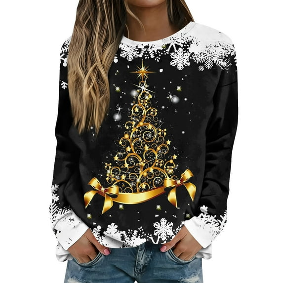 Women Tops Women's Long Sleeve Sweatshirt Casual Crewneck Loose Fit Pullover Fleece Tops with Christmas Print for Fashionable Holiday Outfits,Black,2XL