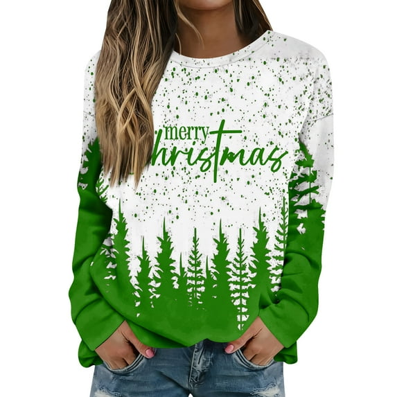 Women Tops Women's Long Sleeve Sweatshirt Casual Crewneck Loose Fit Pullover Fleece Tops with Christmas Print for Fashionable Holiday Outfits,Dark Green,2XL