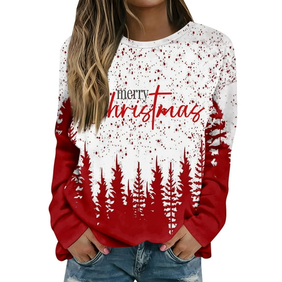 Women Tops Women's Long Sleeve Sweatshirt Casual Crewneck Loose Fit Pullover Fleece Tops with Christmas Print for Fashionable Holiday Outfits,Vermilion,L