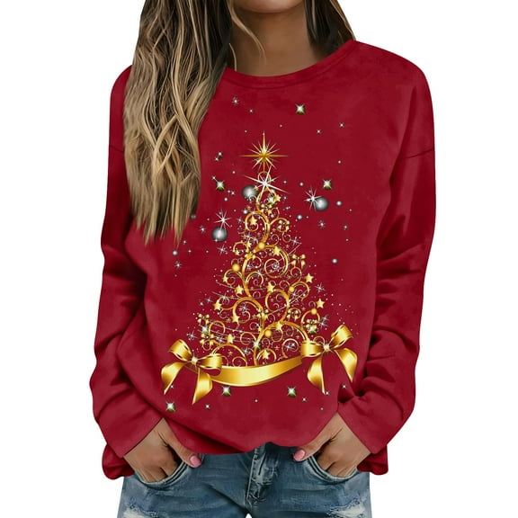 Women Tops Women's Long Sleeve Sweatshirt Casual Crewneck Loose Fit Pullover Fleece Tops with Christmas Print for Fashionable Holiday Outfits,Watermelon Red,L