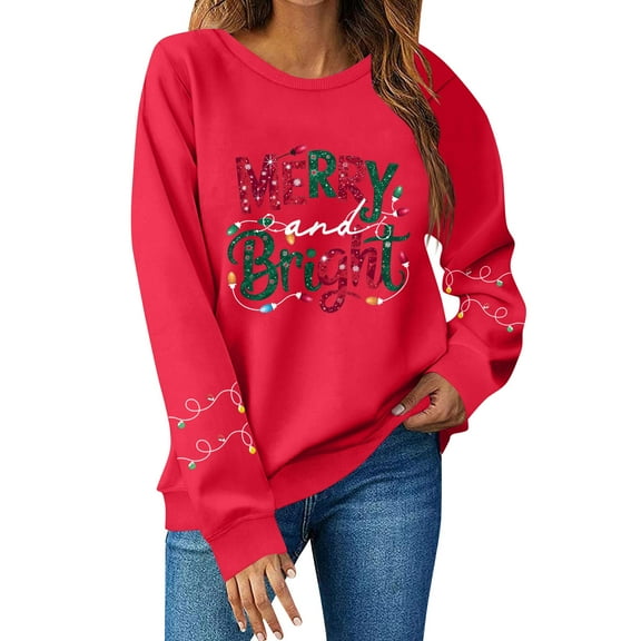 Women Tops Women's Long Sleeve Sweatshirt Casual Crewneck Loose Fit Pullover Fleece Tops MERRY and Bright for Holiday Themes and Soft Fabric