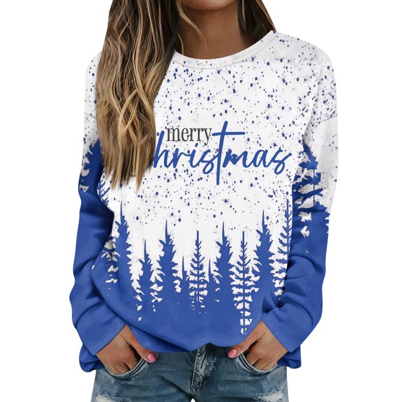 Women Tops Women's Long Sleeve Sweatshirt Casual Crewneck Loose Fit Pullover Fleece Tops with Christmas Print for Fashionable Holiday Outfits,Blue,S