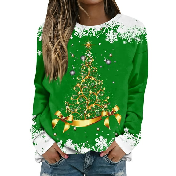 Women Tops Women's Long Sleeve Sweatshirt Casual Crewneck Loose Fit Pullover Fleece Tops with Christmas Print for Fashionable Holiday Outfits,Green,S
