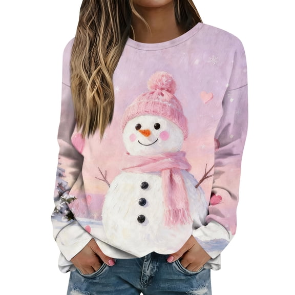 Women Tops Women's Long Sleeve Sweatshirt Casual Crewneck Loose Fit Pullover Fleece Tops with Christmas Print for Fashionable Holiday Outfits,Pink,S