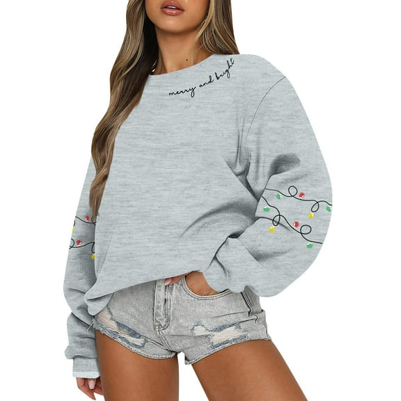 Women Tops Women's Long Sleeve Sweatshirt Casual Crewneck Loose Fit Pullover Fleece Tops with Christmas Print for Fashionable Winter Clothing,Gray,S