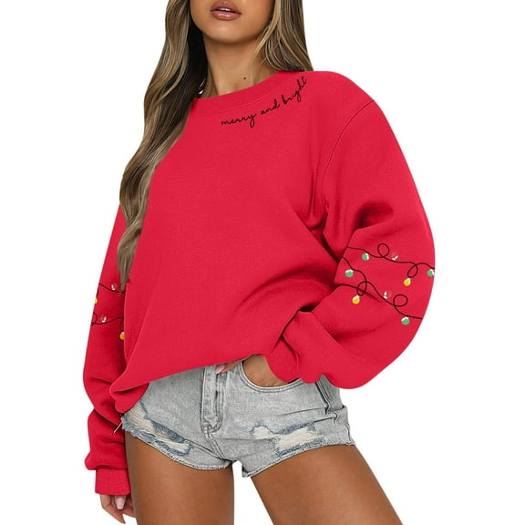 Women Tops Women's Long Sleeve Sweatshirt Casual Crewneck Loose Fit Pullover Fleece Tops with Christmas Print for Fashionable Winter Clothing,Red,S