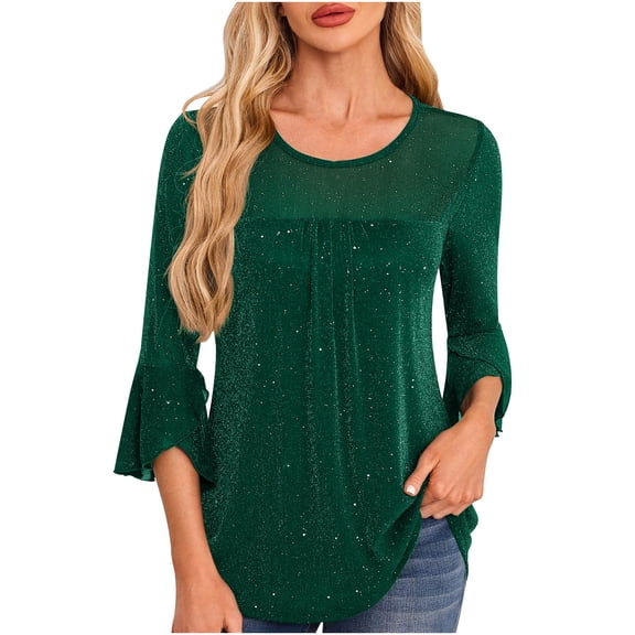 Women Tops, Women's Ruffle 3/4 Sleeve Elegant Dressy Blouses Crew Neck Double Layers Mesh Tunic Tops